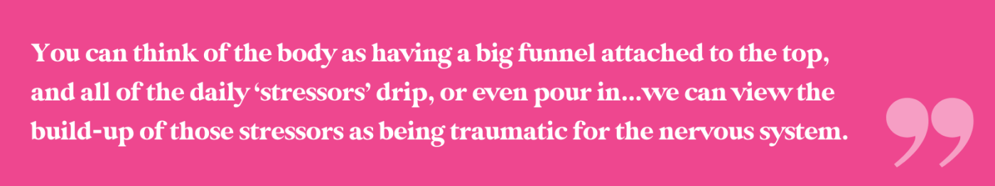 Quote reads 'You can think of the body as having a big funnel attached to the top, and all of the daily 'stressors' drip, or even pour in...we can view the build-up of those stressors as being traumatic for the nervous system. SA Woman
