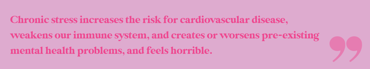 Image is a quote that reads, Chronic stress increases the risk for cardiovascular disease, weakens our immune system, and creates or worsens pre-existing mental health problems, and feels horrible. SA Woman
